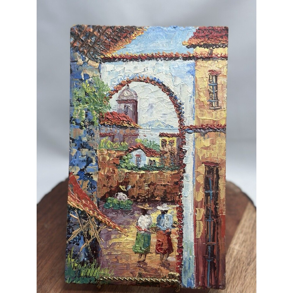 Original Oil Painting Village Street On Board 9” X 5.5” Incredible